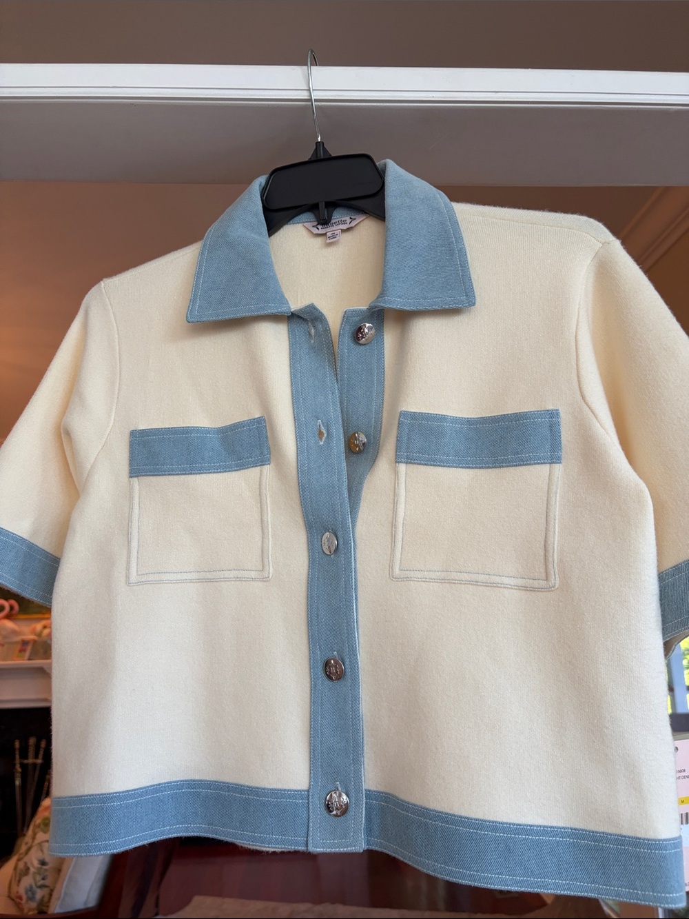 Nanette Lepore Cream Short-Sleeve Jacket with Light Blue Trim